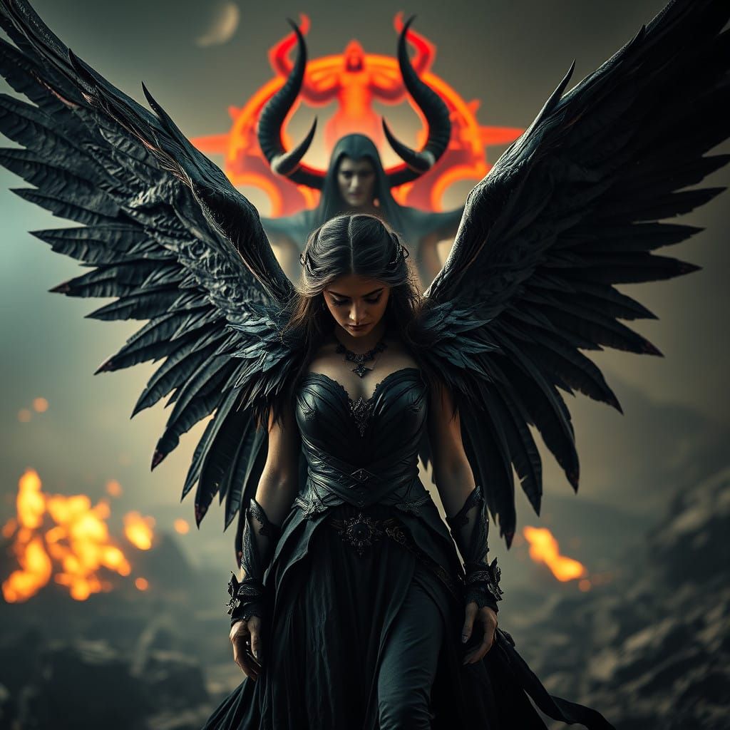 Ethereal Fallen Angel Surrenders to Satan in Cinematic Apoca...