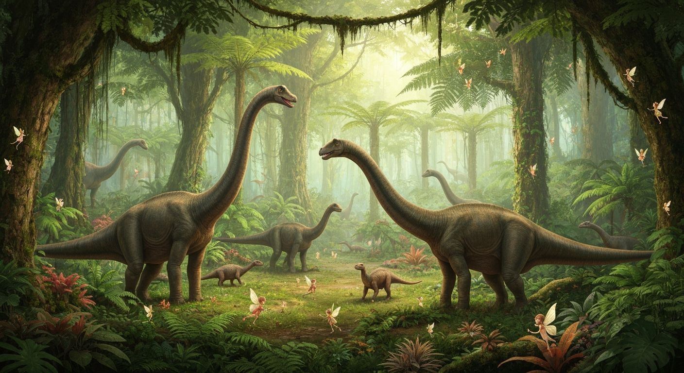 Lush Jurassic Jungle with Dinosaurs and Fairies