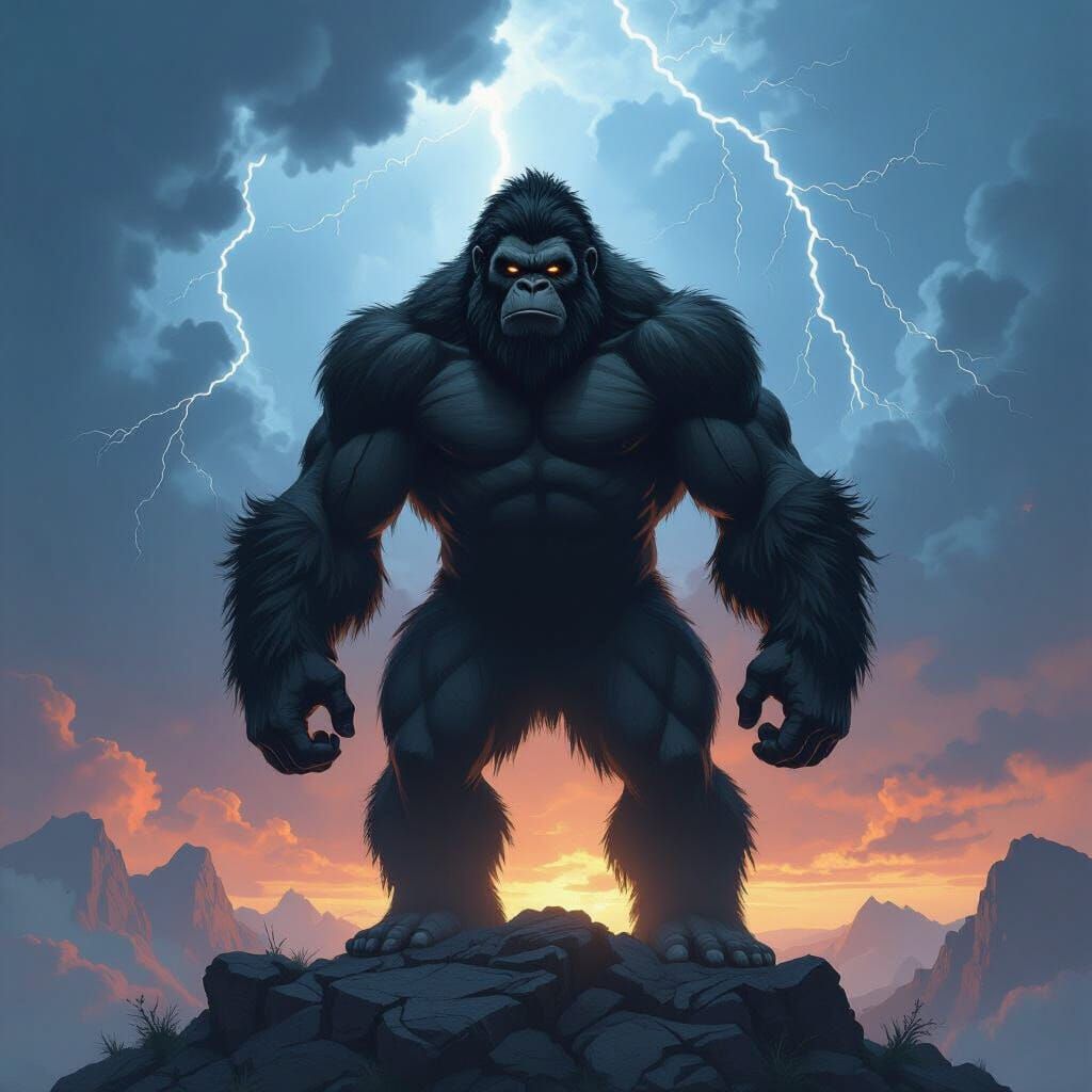 Majestic Ape on Rocky Outcrop in Stormy Sky