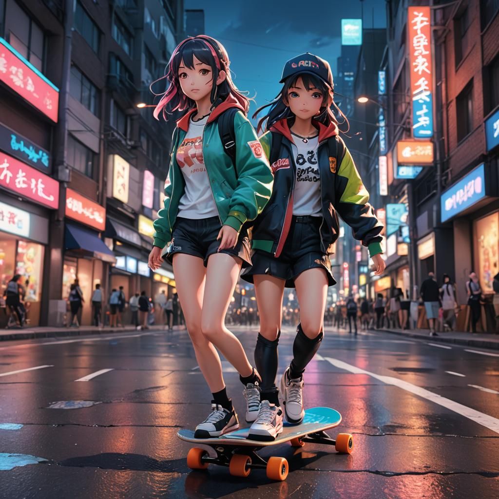 Girl Rides Skateboard in Neon City: 3D Anime Art