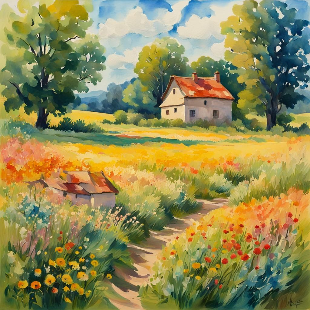 Summer Landscape in Gouache Watercolor Style