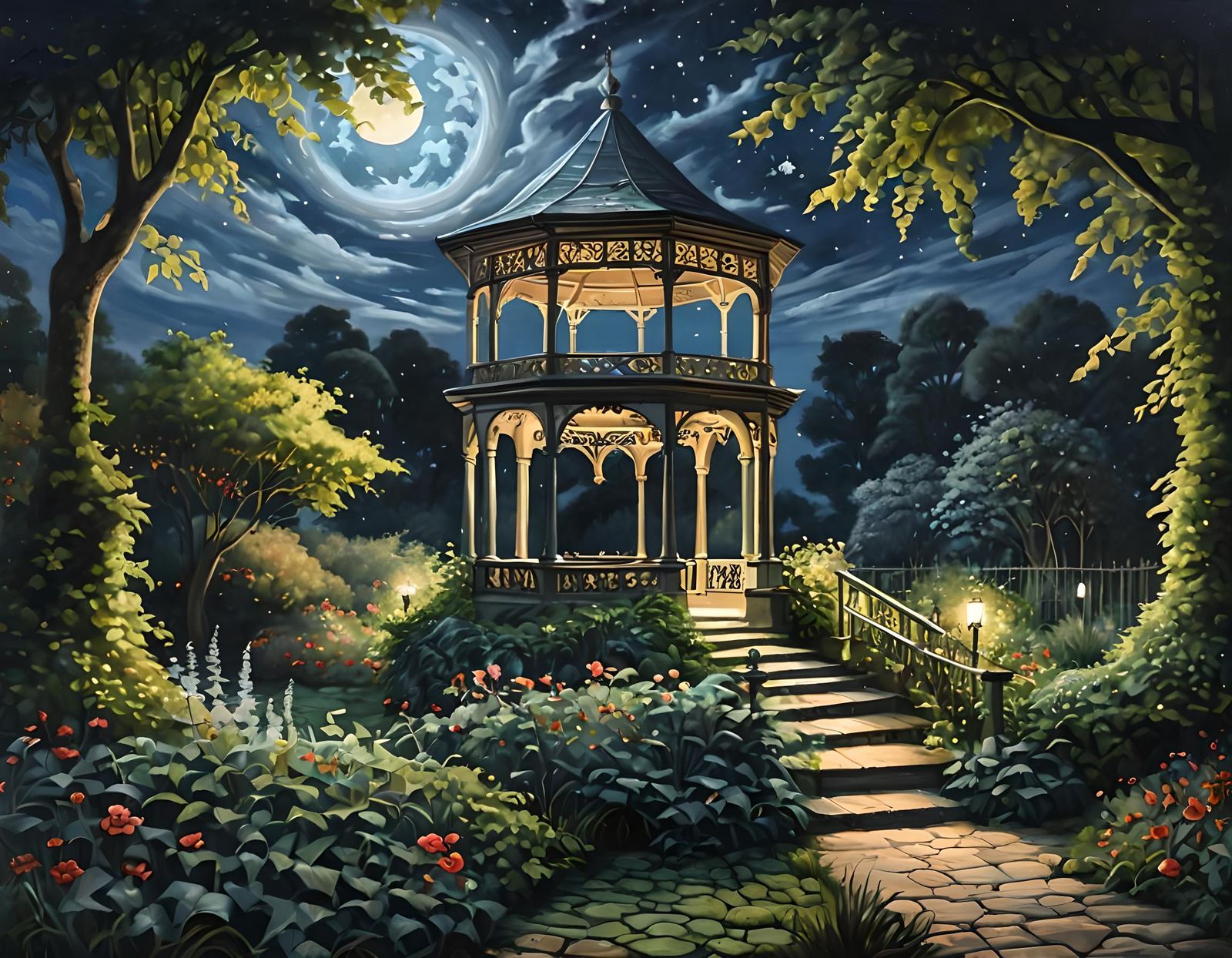 Luminous Moonlit Gazebo in a Serene Landscape