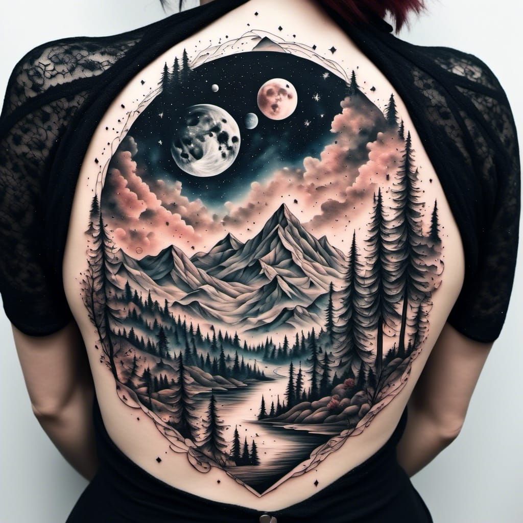 Detailed Mountain Landscape Back Tattoo Design