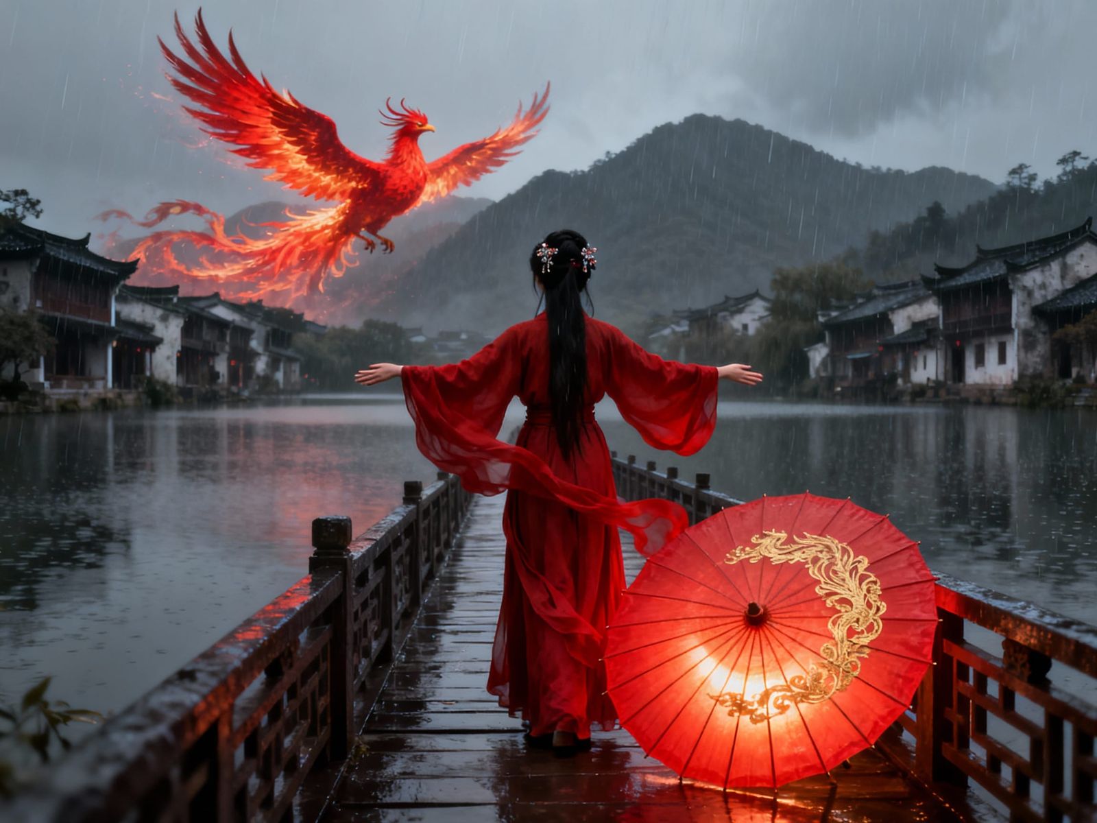 Elegant Woman on Chinese Bridge with Phoenix