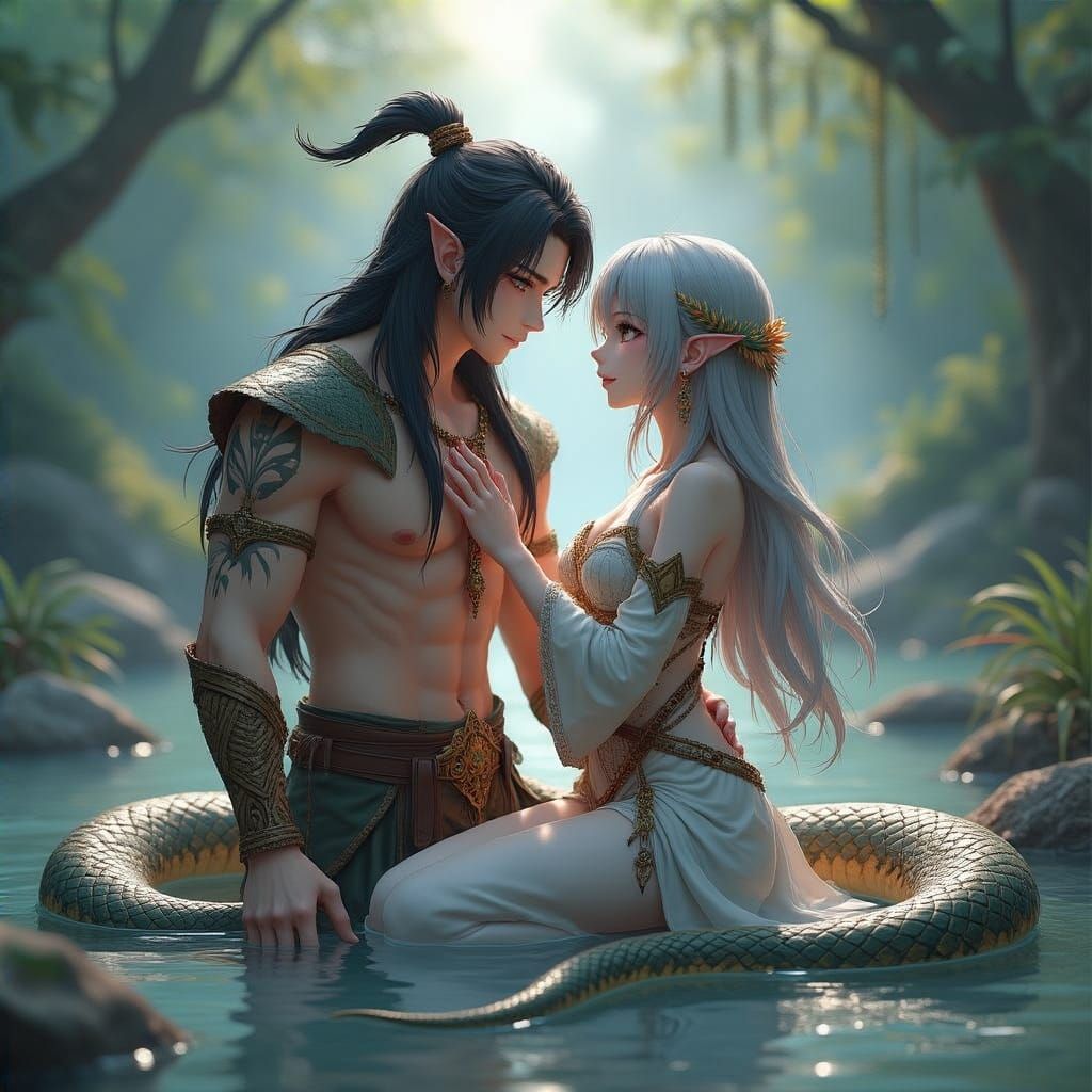 Surreal Fantasy Romance Between Naga and Human Woman
