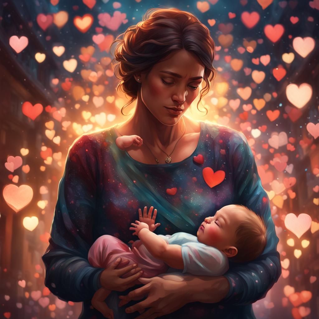 Mother and Baby Portrait with Bokeh Hearts