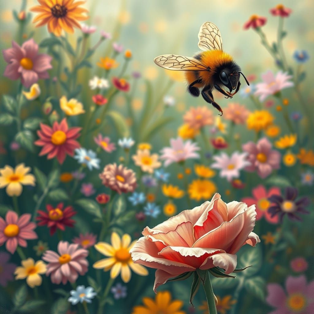 Whimsical Bee Hovering Above a Lush Garden with a Wilted Ros...