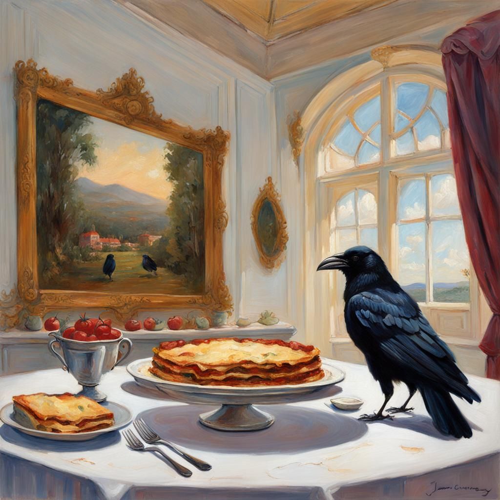 Crow's Lasagna Feast: An Oil Painting