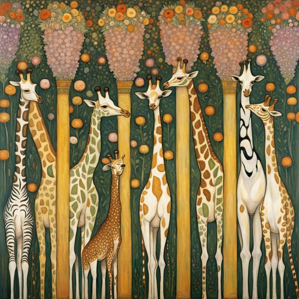 Whimsical Animals and Flowers, Klimt-Inspired Art