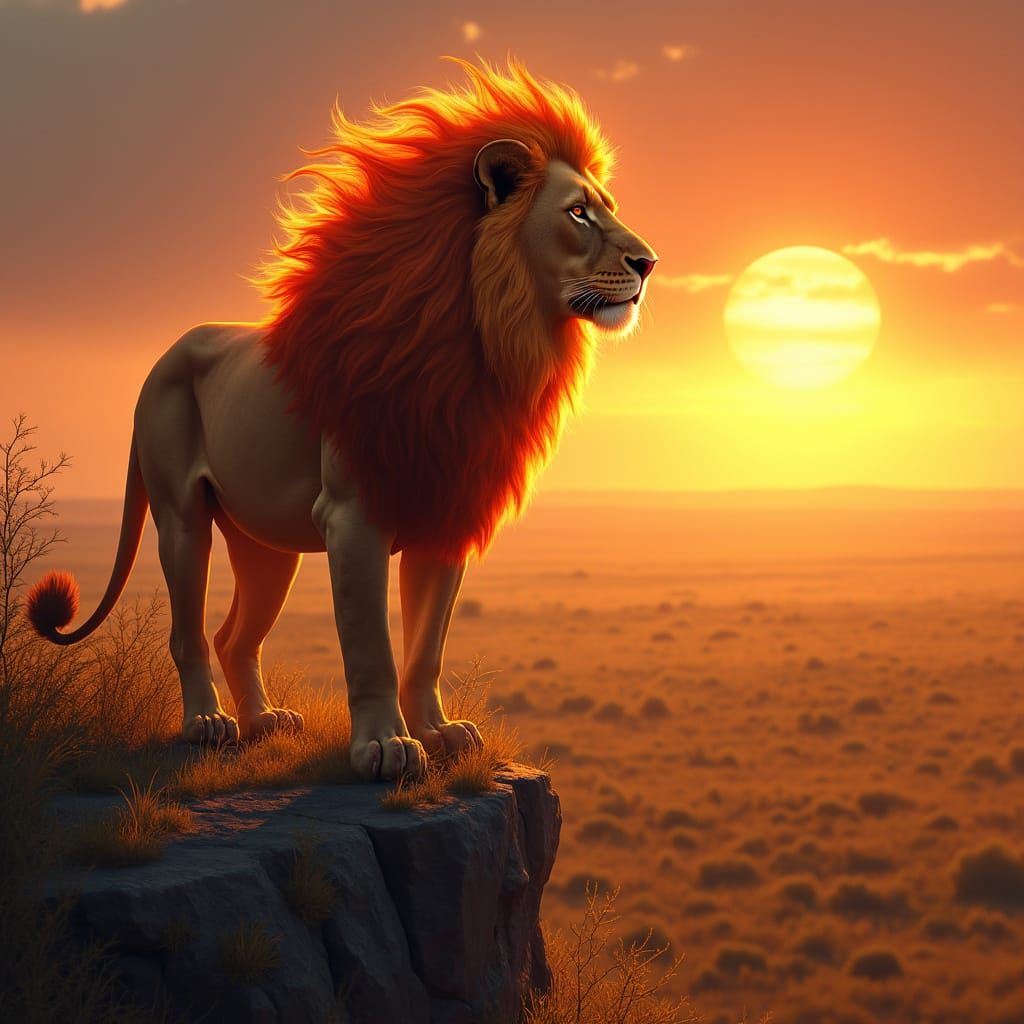 Lion with Flaming Mane Overlooking Savanna at Sunset
