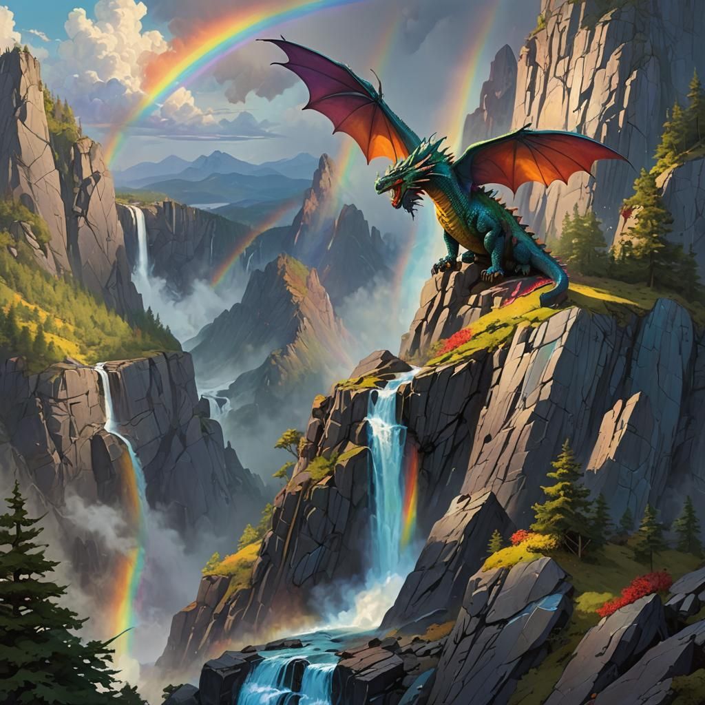 Dragon on Mountain with Rainbow Waterfall