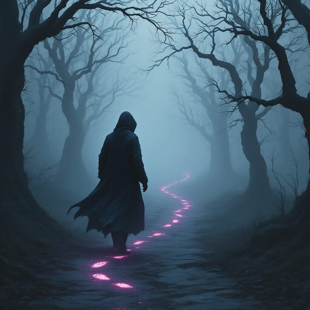 Mysterious Phantom Traveler Walks a Misty, Twisted Path