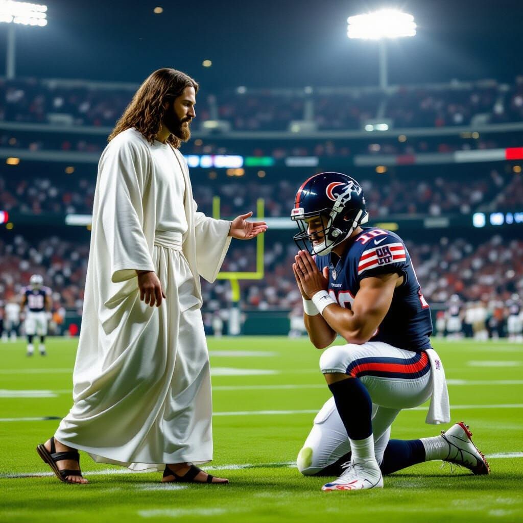Jesus Talks with Quarterback on Football Field