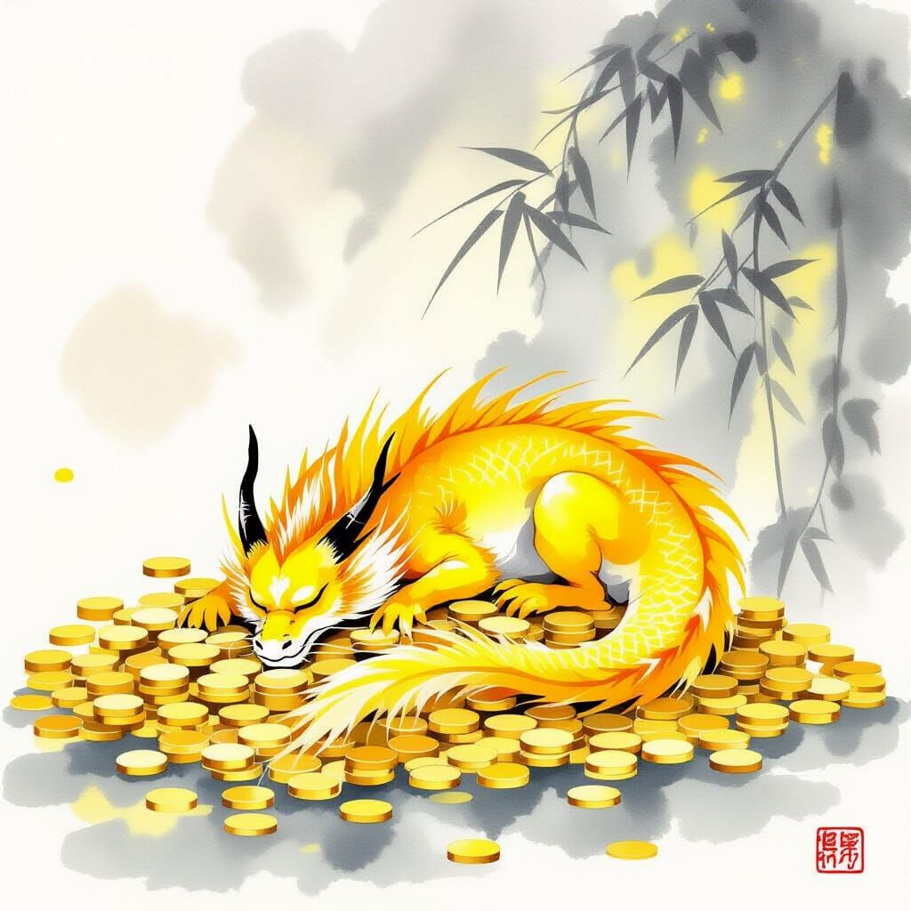 Serene Yellow Dragon Asleep on Golden Coins in Sumi-E Style