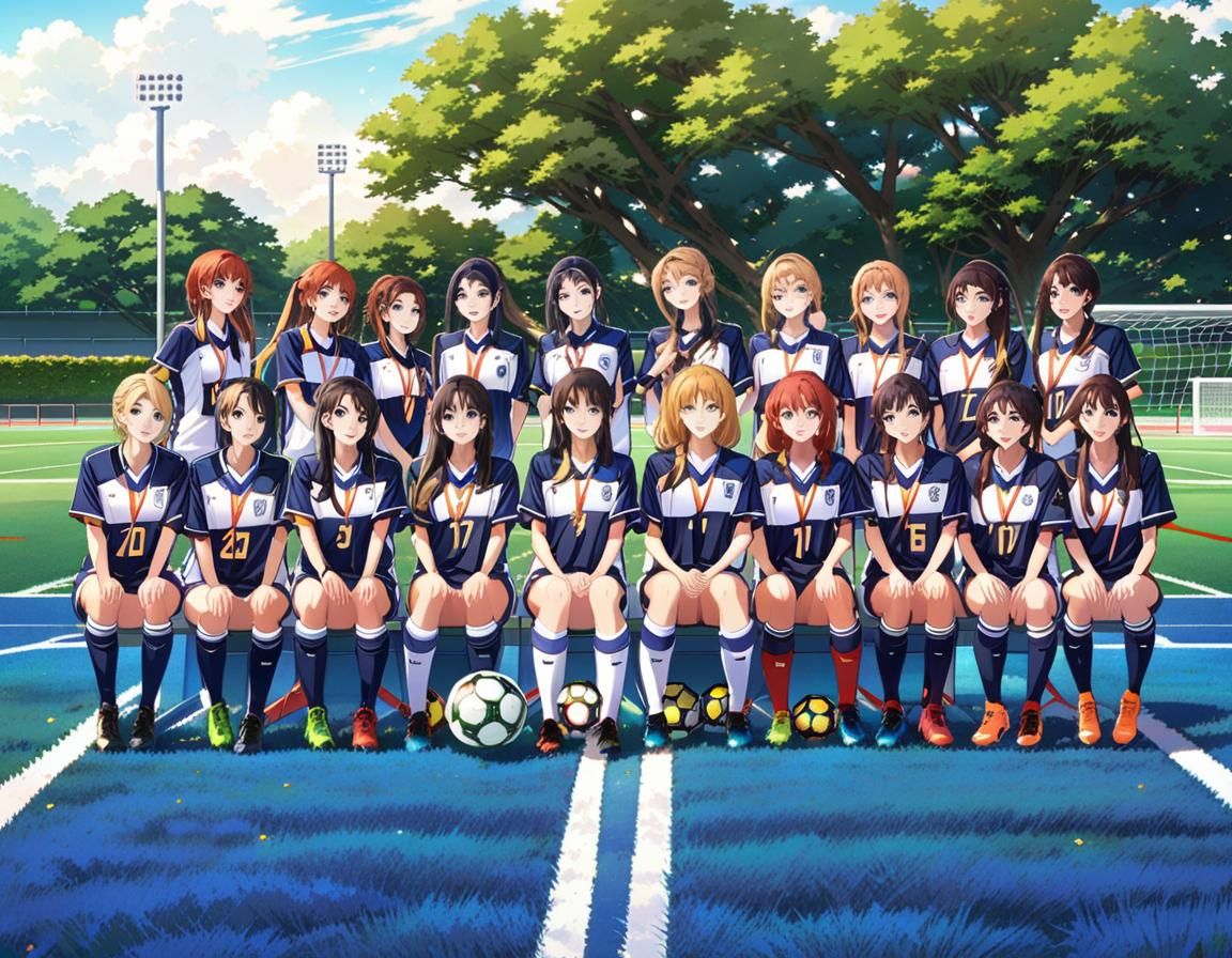 Girl's high-school football team posing for group photo