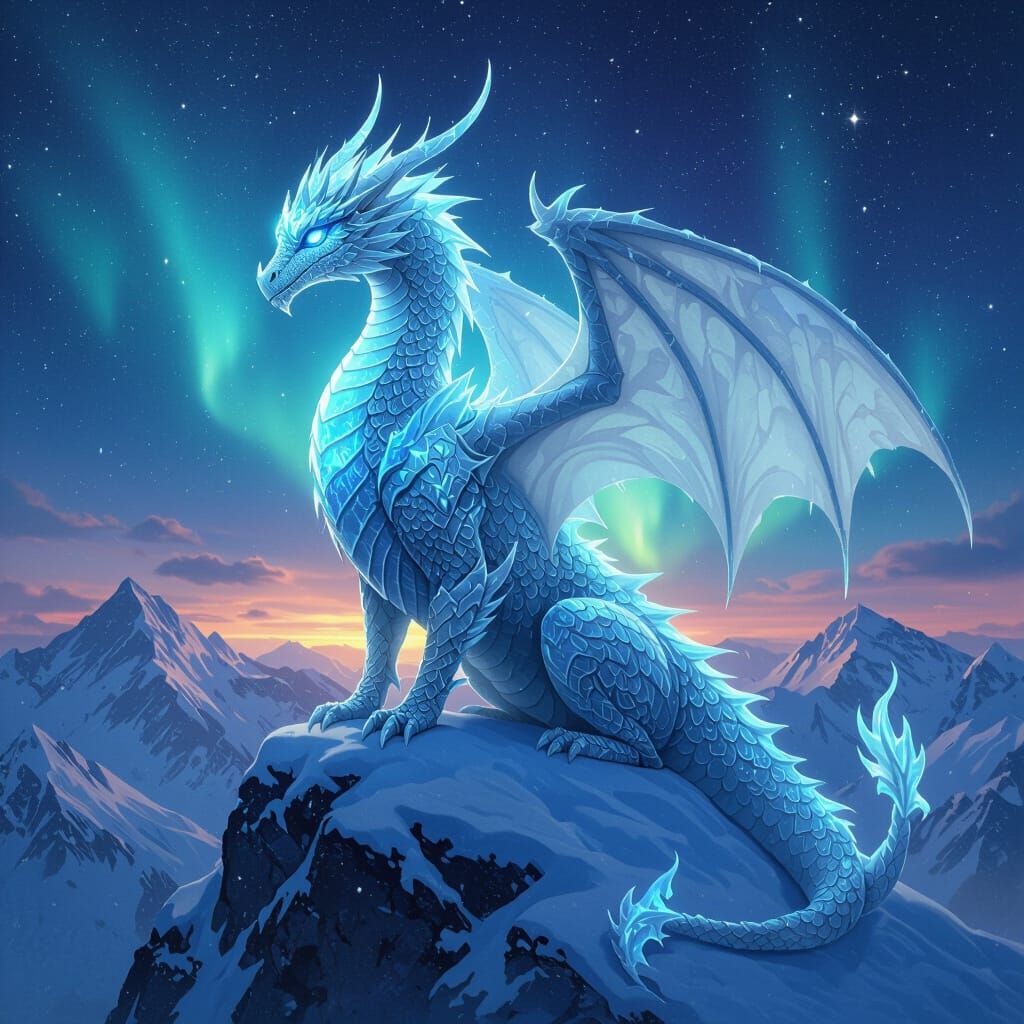 Icy Dragon on Mountain in Art Nouveau Style