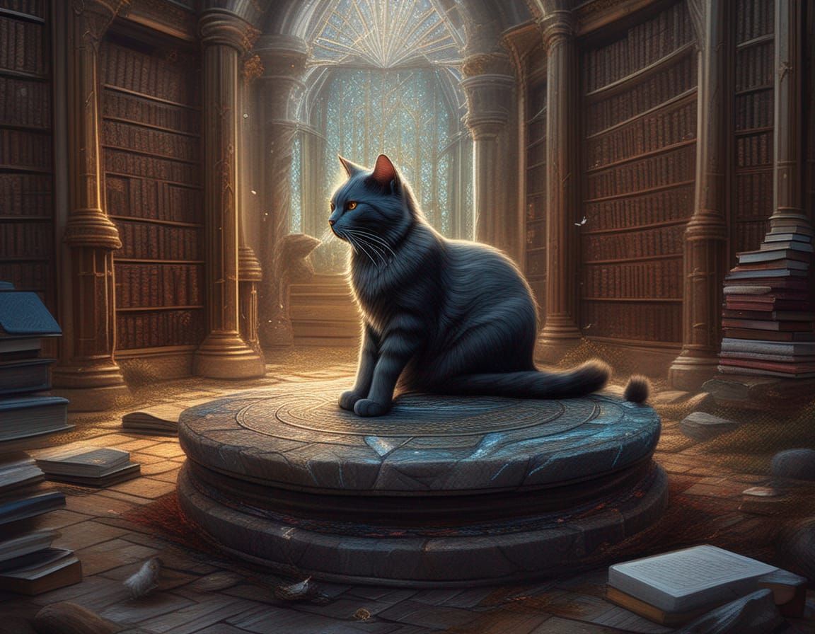 Cat on Magical Altar in Library, Hyper-Realistic