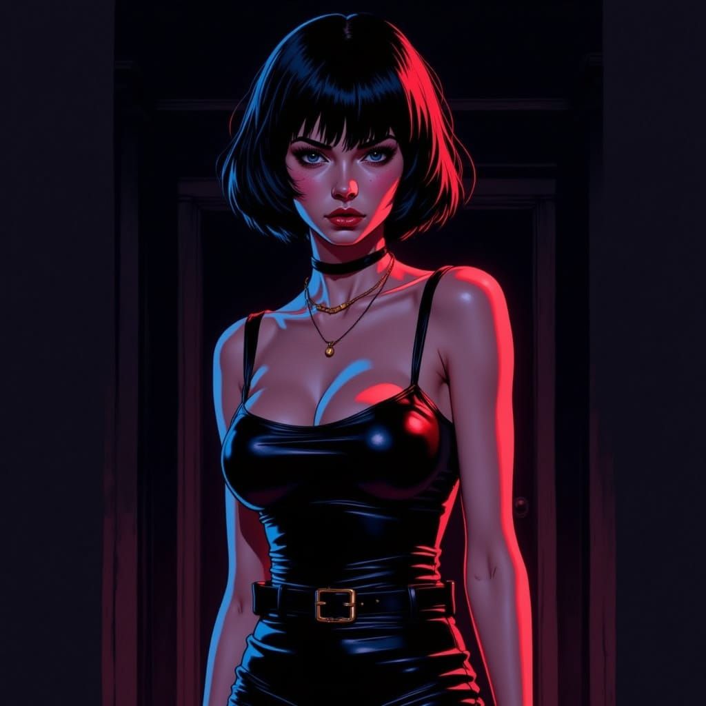 Anime Woman in Leather Dress with Dramatic Lighting