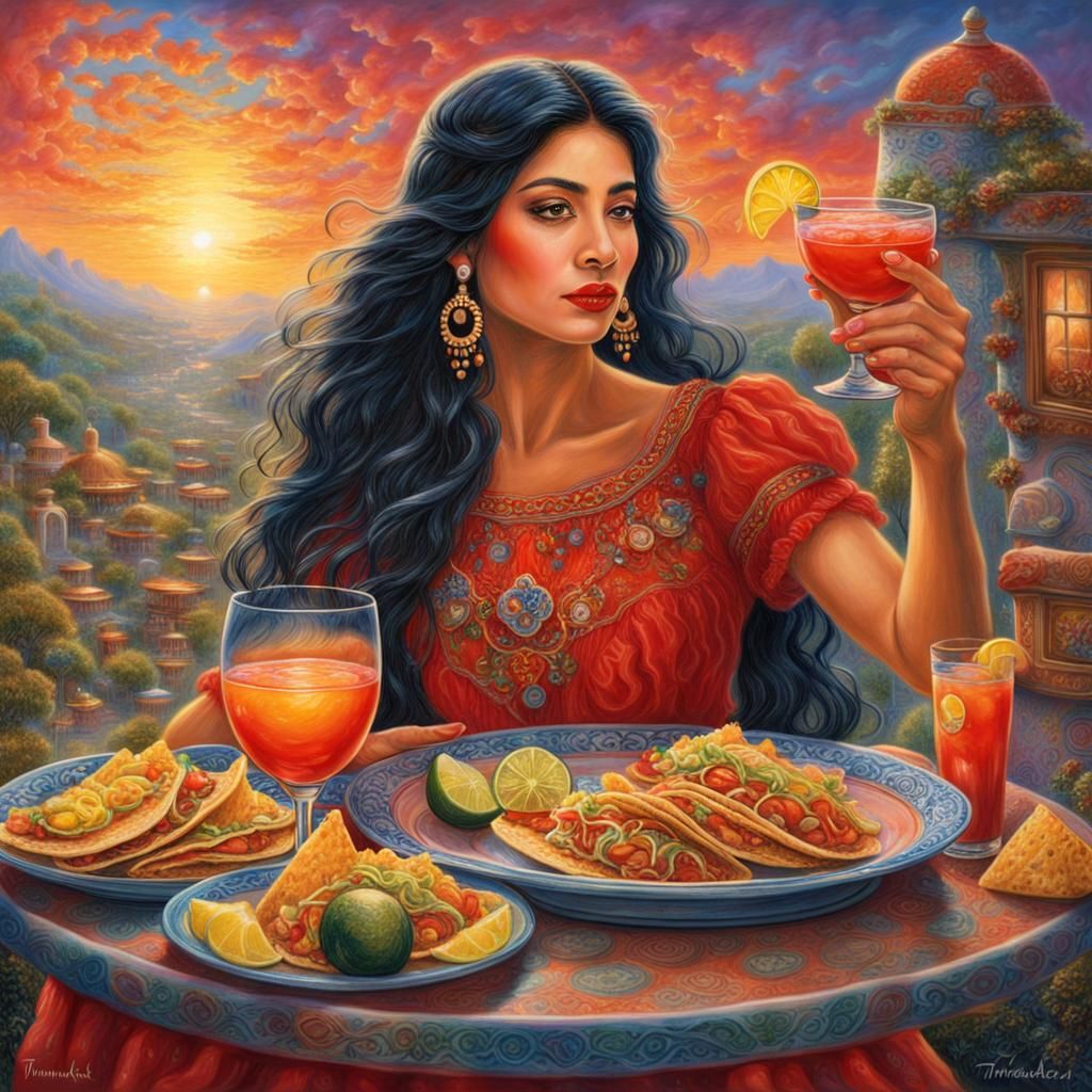 Mexican Woman Toasts with Tequila Sunrise, Fantasy Style