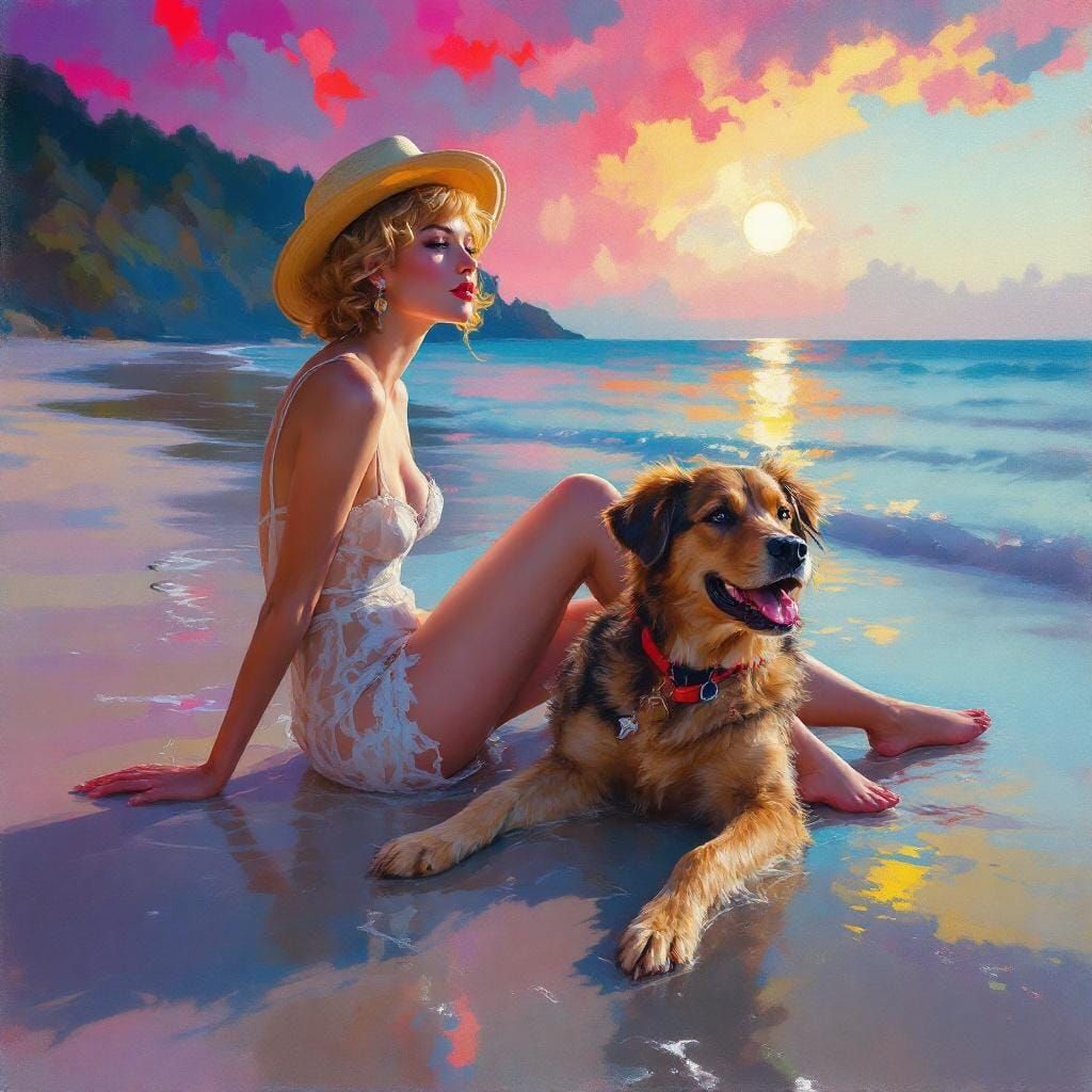 Dog on Beach in Impasto Style with K-Pop Colors