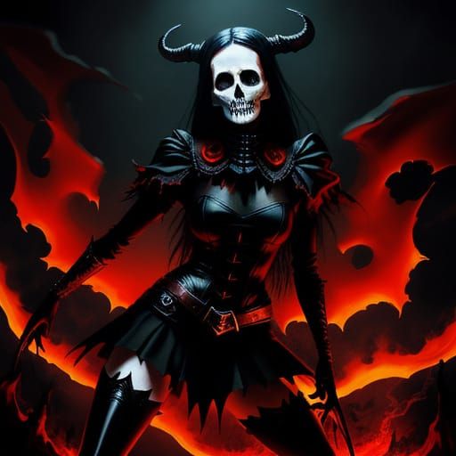 Eerie Skull Woman Battles Demon in Dark Fantasy Art
