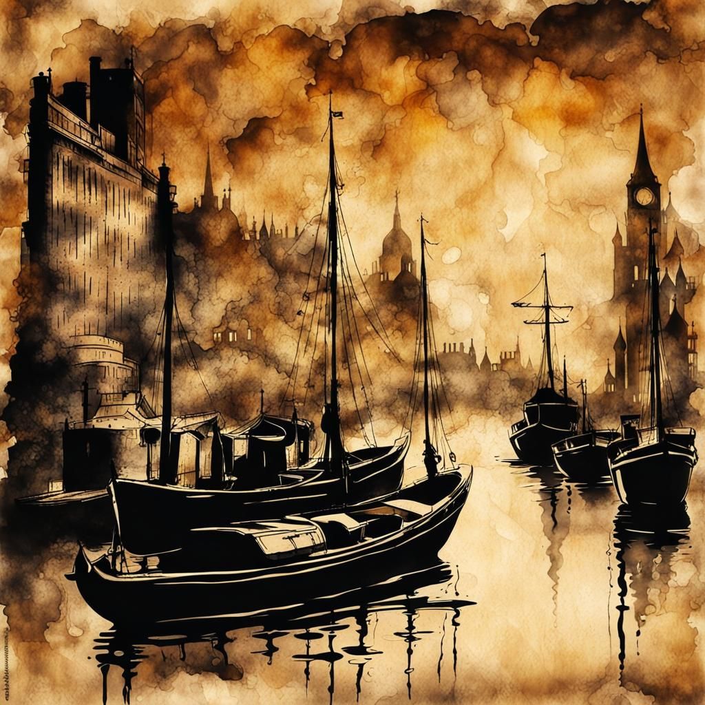 River Thames Steampunk Silhouette in Ink Painting Style