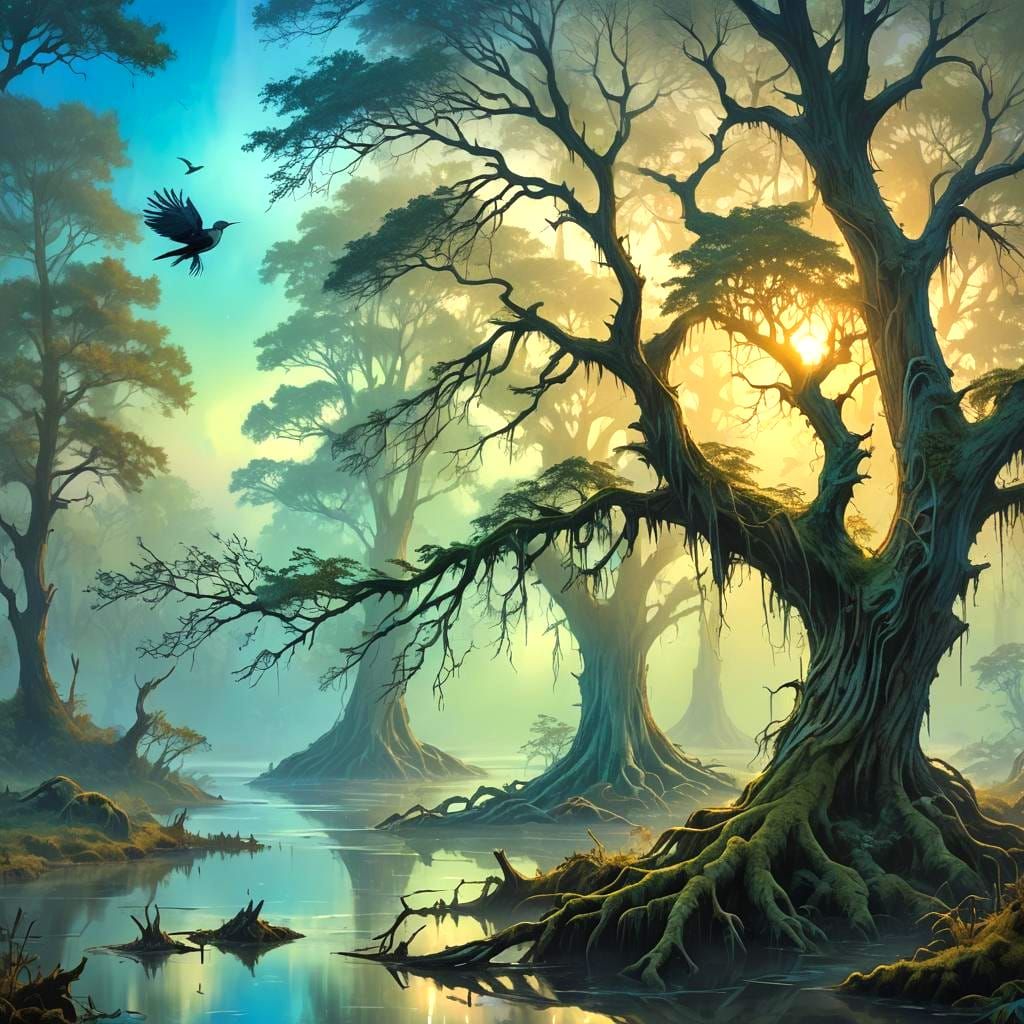 Bald Cypress and Magpie Fantasy Concept Art