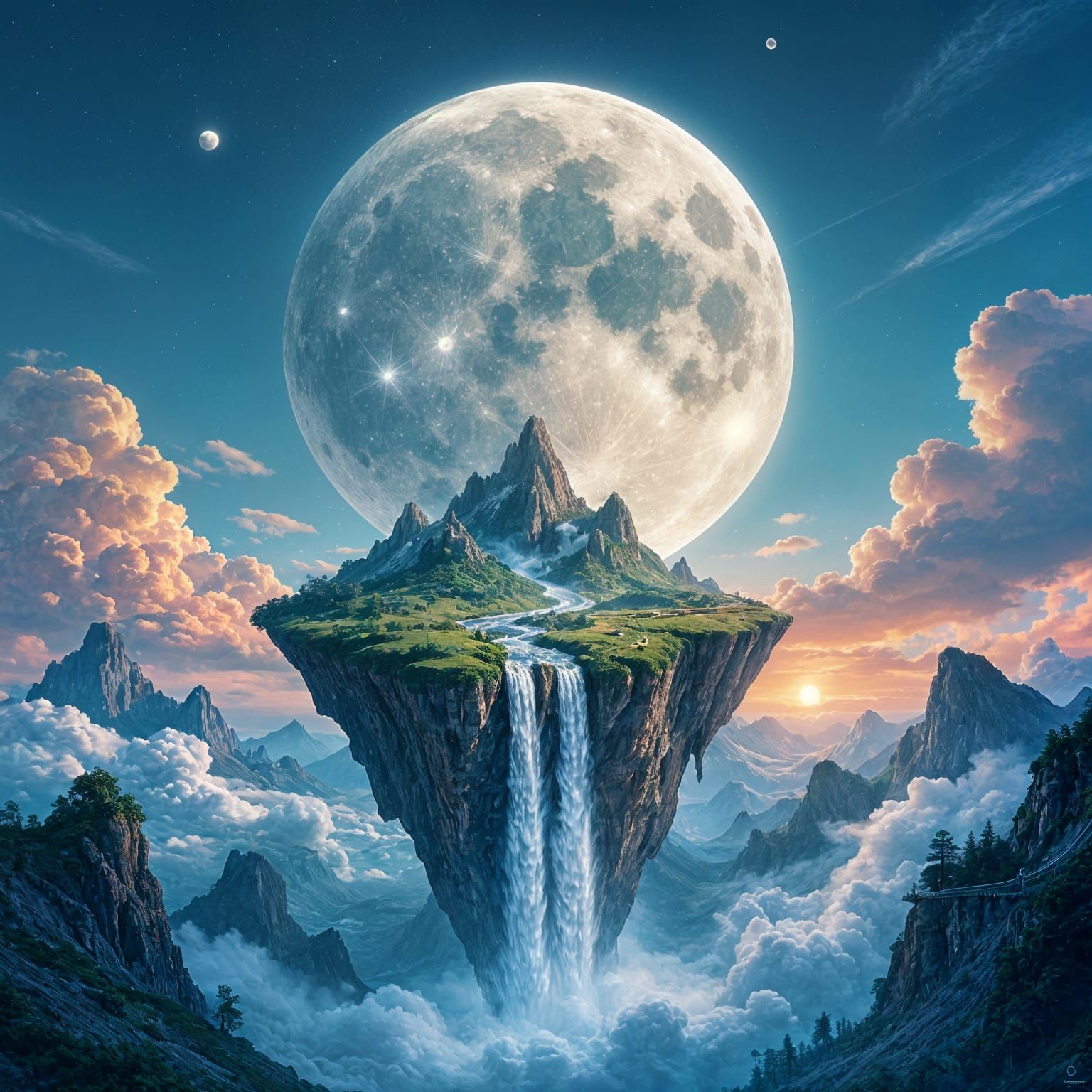 Moon Waterfall on Floating Island: Hyperrealistic Concept Ar...