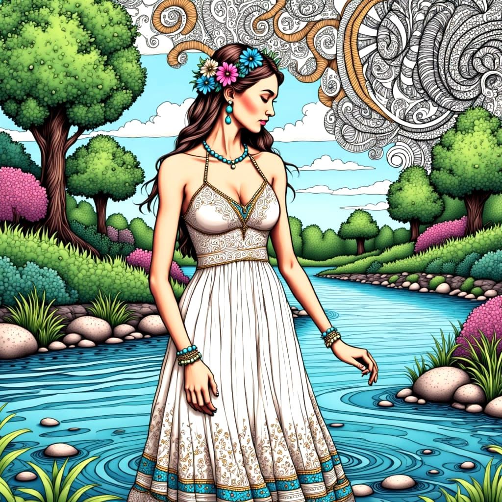 Faithful Zentangle River Scene in Vibrant Colors