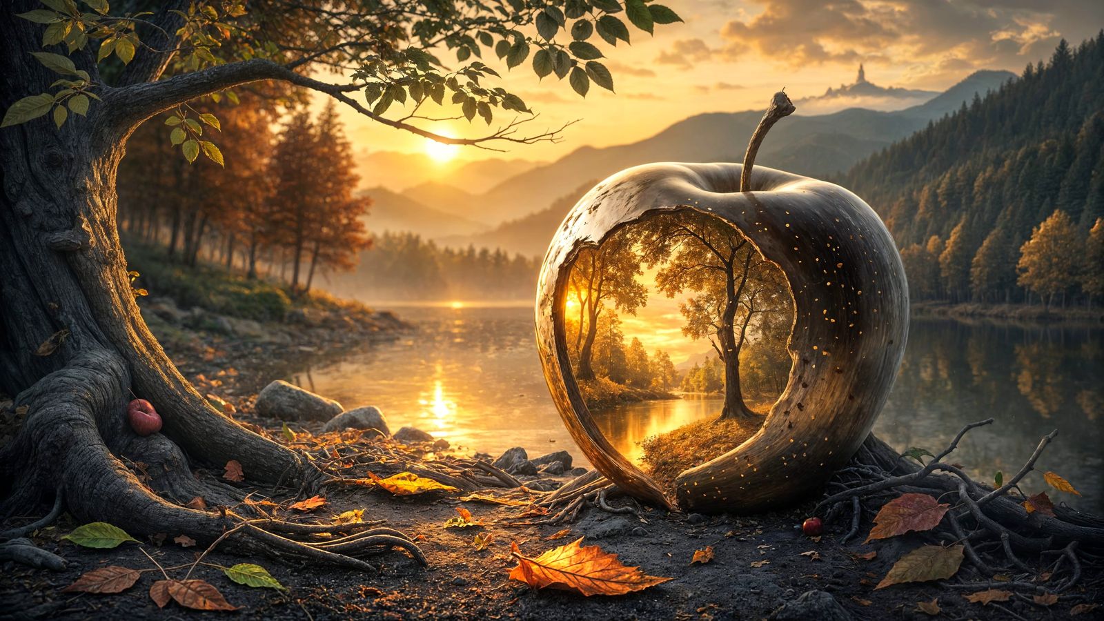 Metallic Apple Sculpture Reveals Autumn Landscape