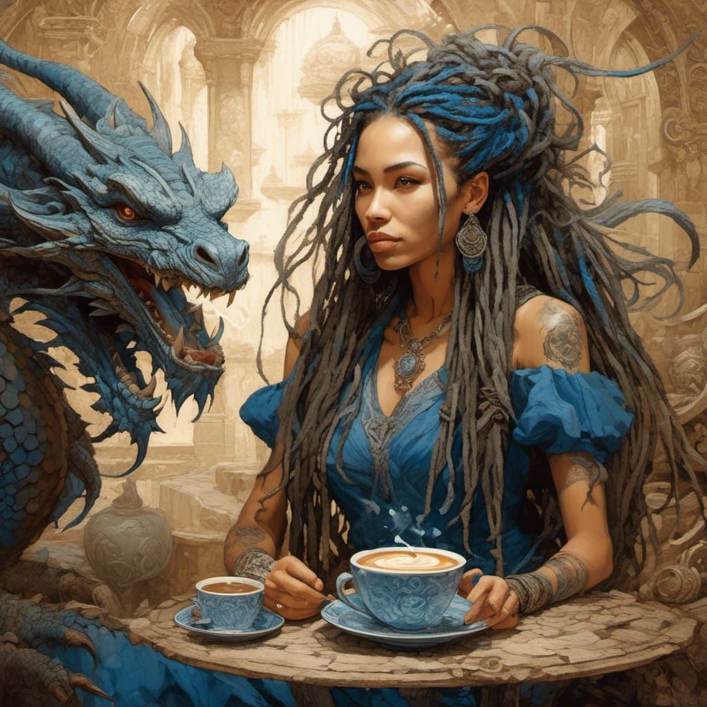 Girl and Dragon Coffee Break, Mixed Media Art