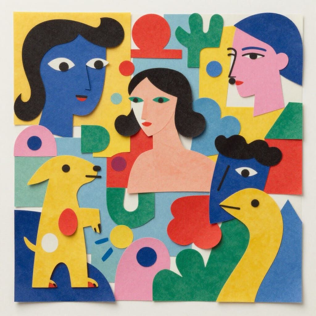 Joyful Collage Artwork with Vibrant Colors and Textures