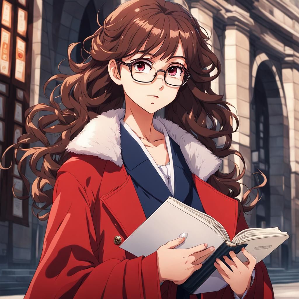 Smart Girl with Textbooks in Anime Style