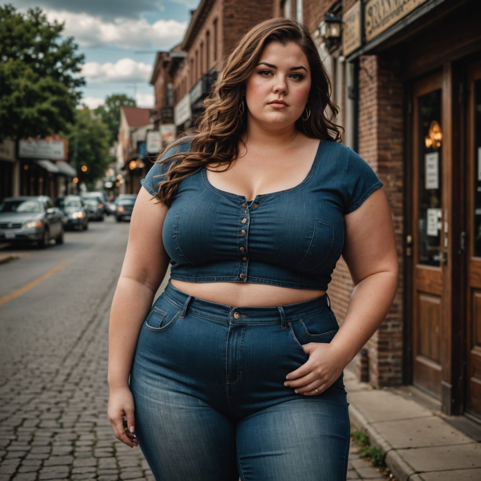 Hyperrealistic Plus-Sized Woman in Charming Town Setting