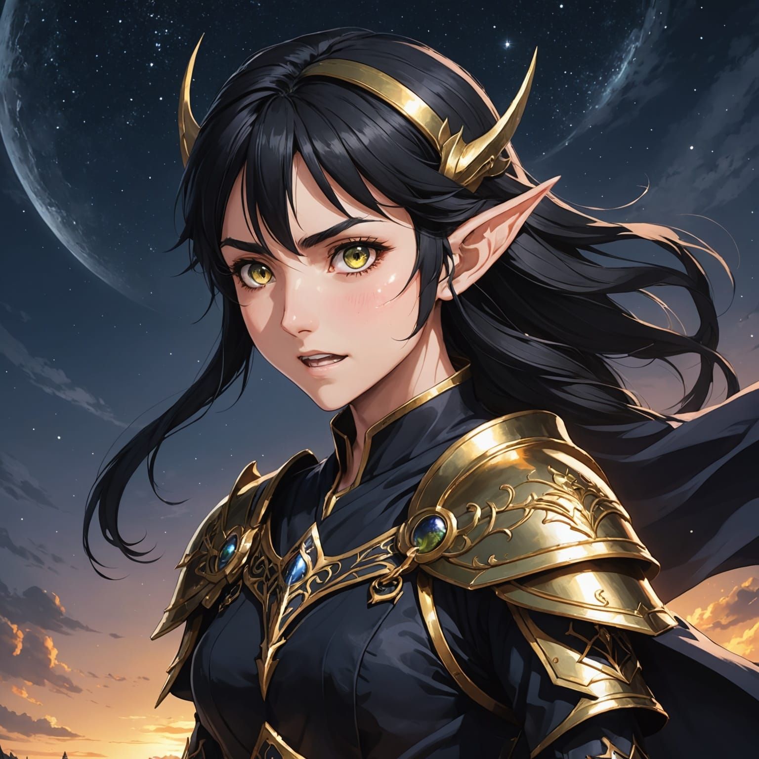 Elf in Dark Armour Screams at Dystopian Night Sky in Anime S...