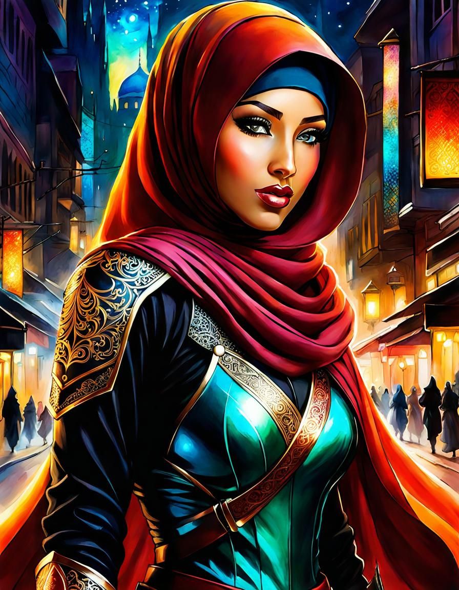 Glowing Hijabi Woman Fighter in Alcohol Ink Style