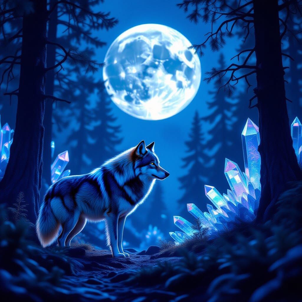 Bioluminescent Wolf in Crystalline Forest Under Double Moon
