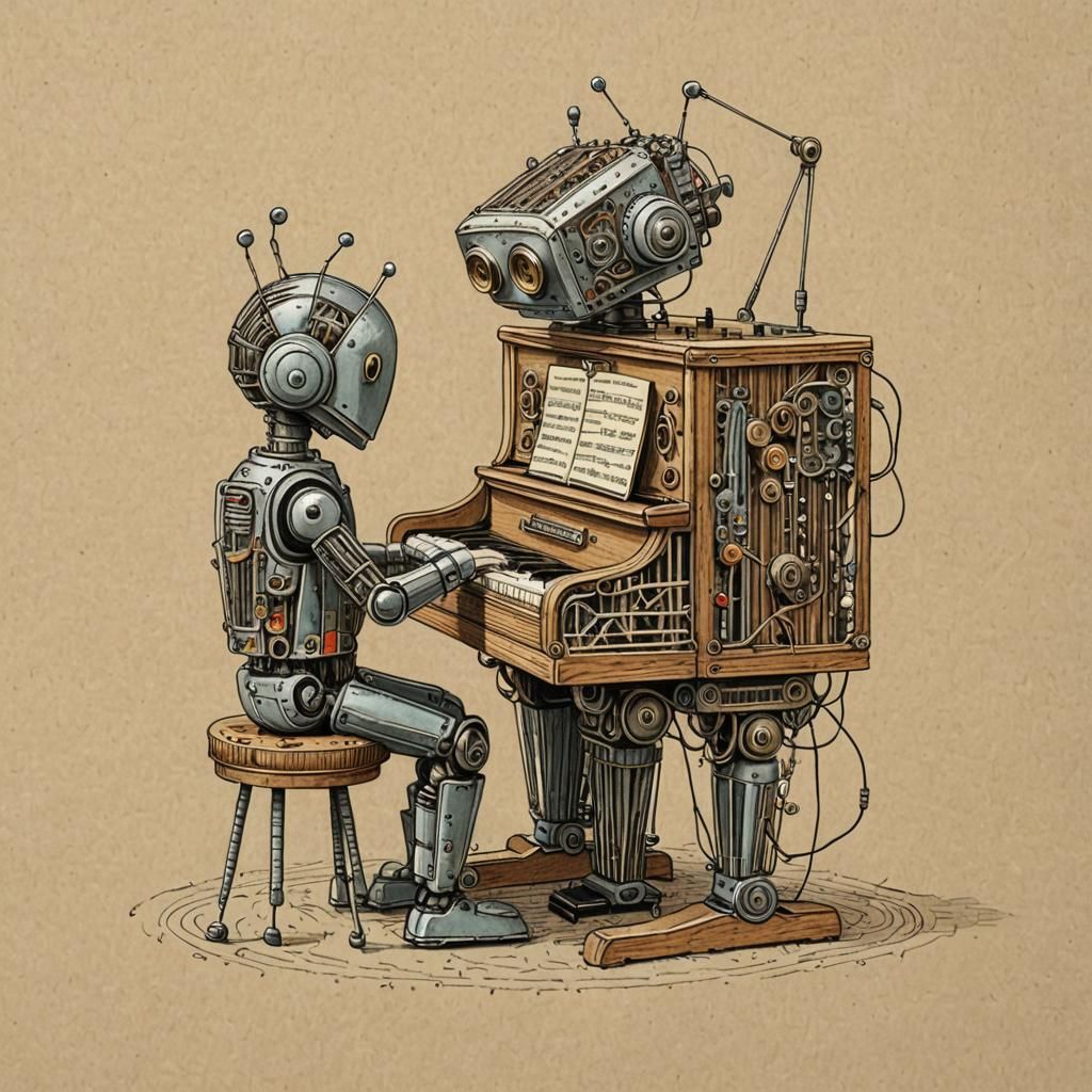 Retro Futuristic Robot Unfolds String Piano