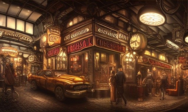 an intricately detailed digital illustration of a steampunk metropolitan city - scape inside of a steampunk