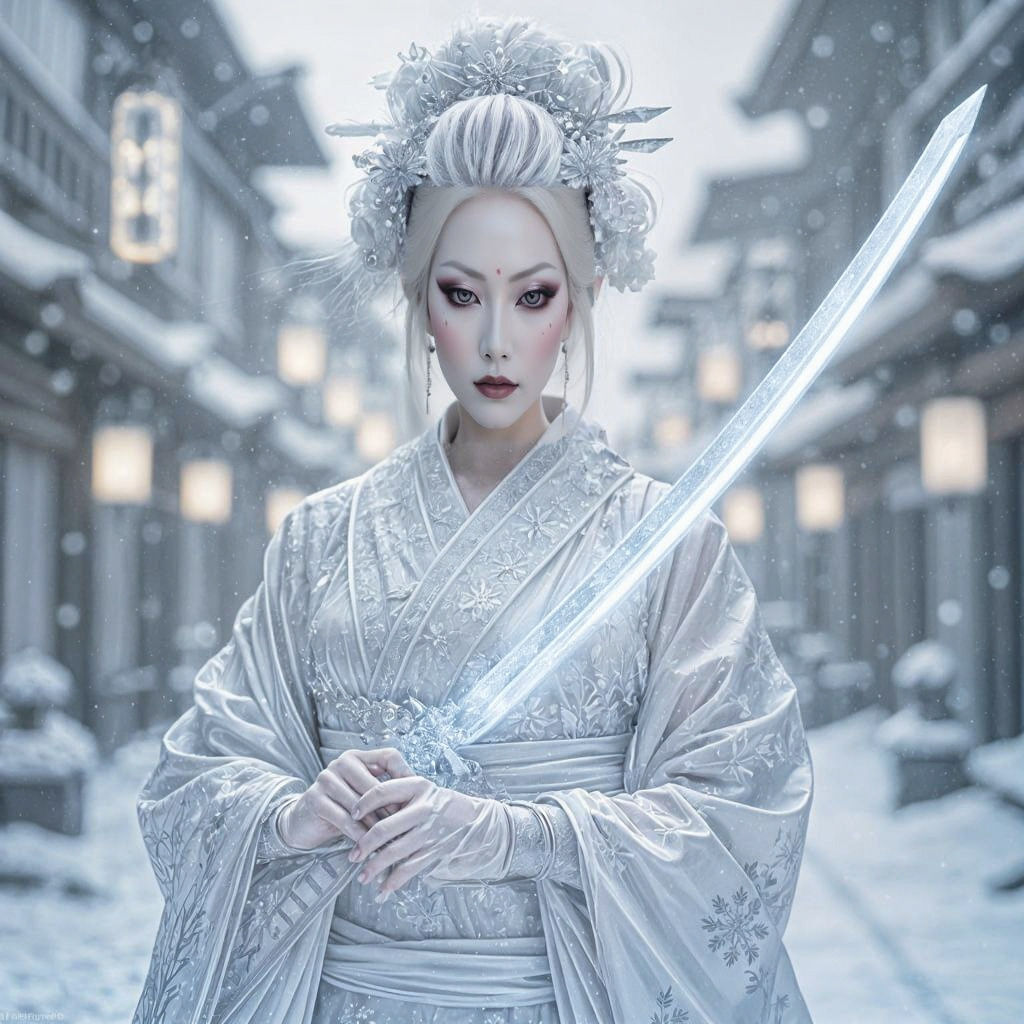 Cyberpunk Geisha Assassin in White-on-White