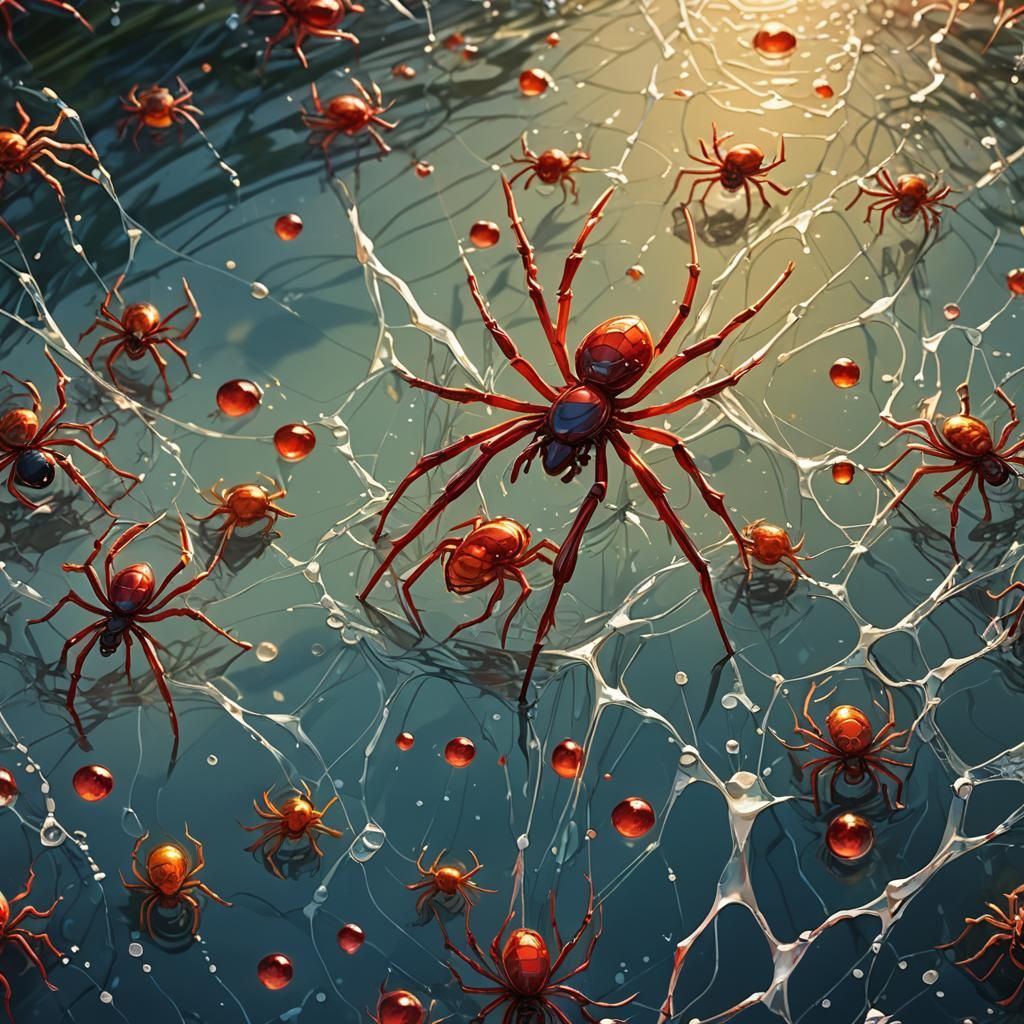 Red Spiders Dance on Water: Hyperrealistic Concept Art
