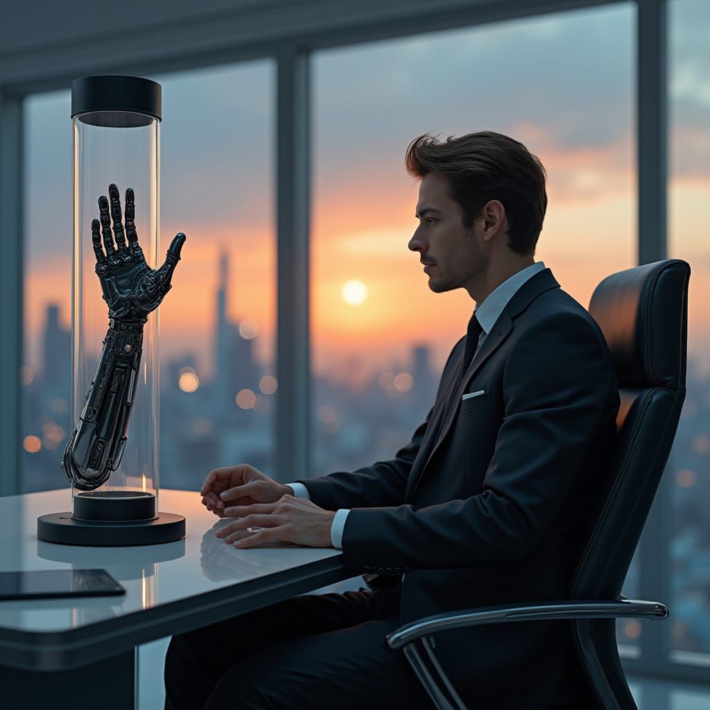 Cybernetic Hand Office Scene: 40 Year Old Man at Dusk