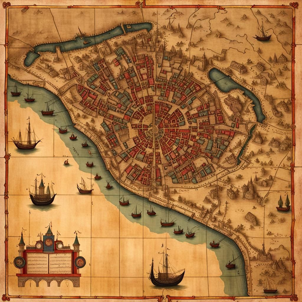 Antique Map of Medieval Constantinople on Parchment
