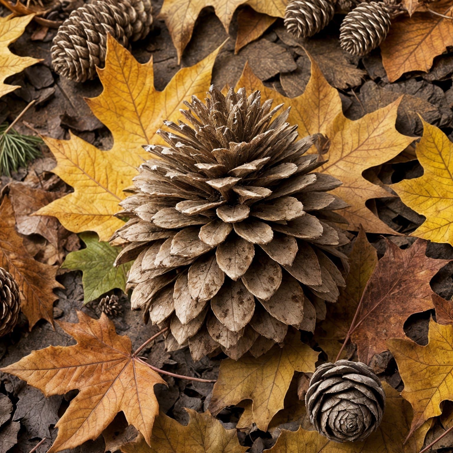 Autumn Leaves and Pinecone in Rich Color Palette