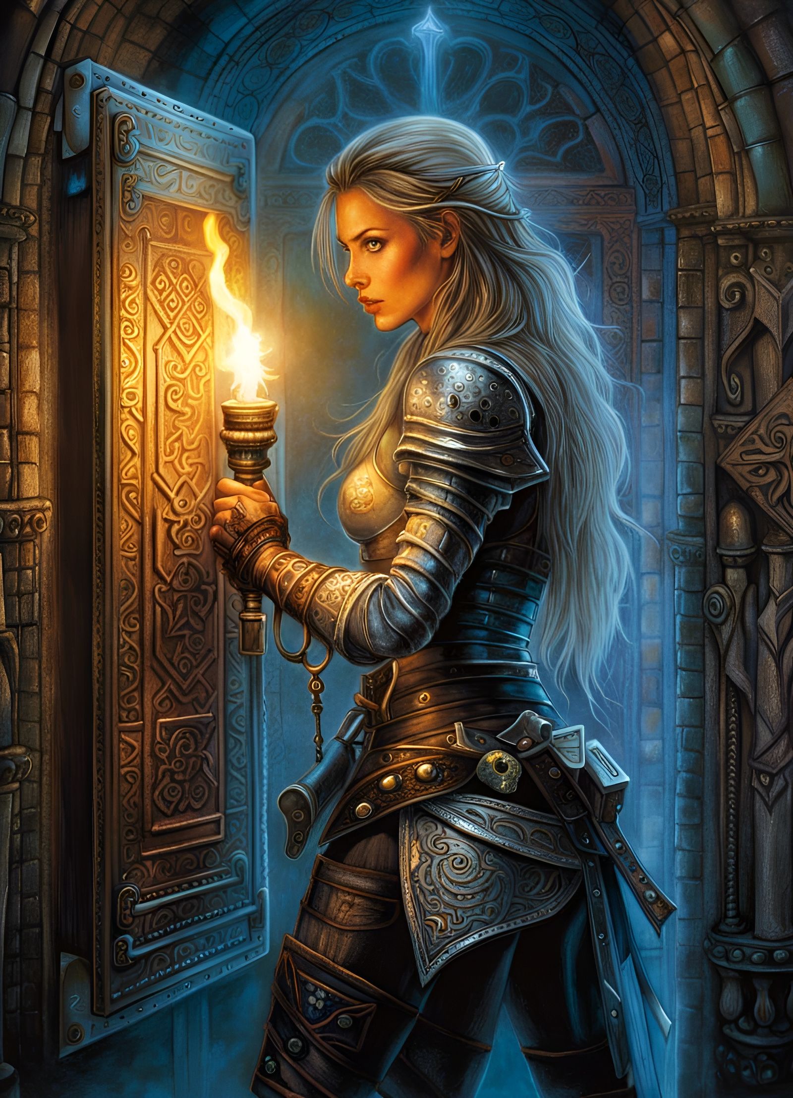 Adventuress Unlocks Maze Door in Dark Fantasy Dungeon