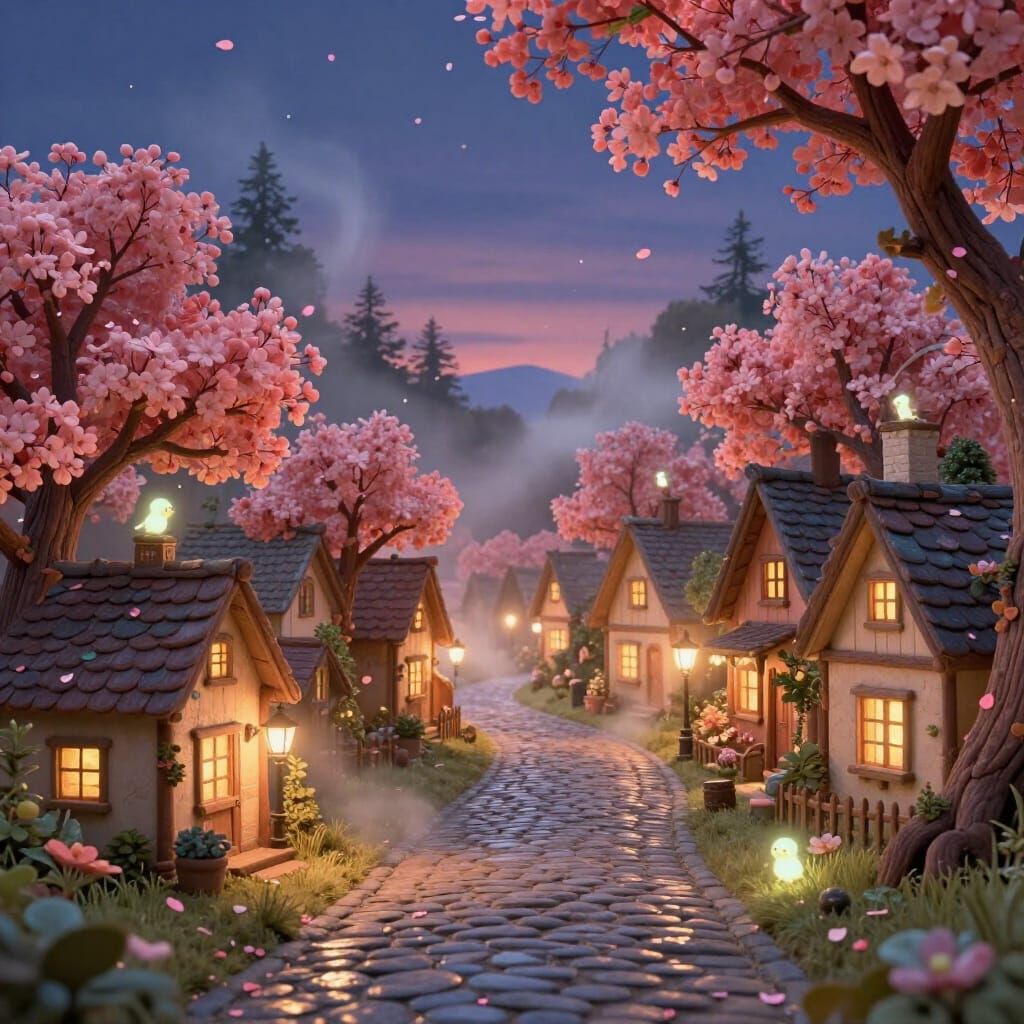 Whimsical Storybook Town at Dusk with Glowing Cottages