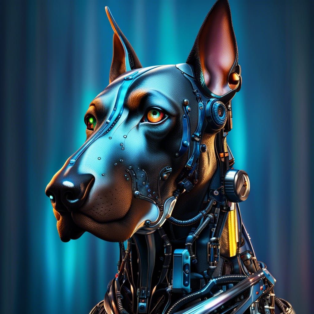 Bionic doberman robot with blue eyes