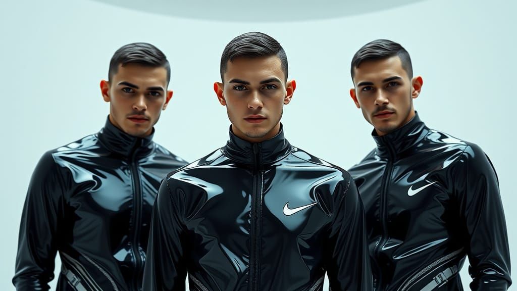 Sleek Trio in Black PVC Tracksuits: Hyperrealistic Rendering