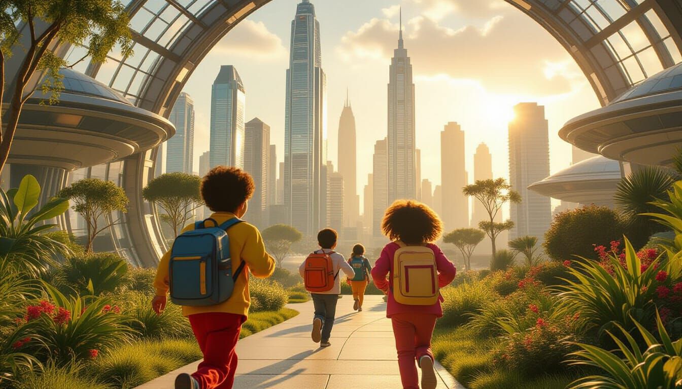 Futuristic Dome City: Kids Playing in Lush Parks