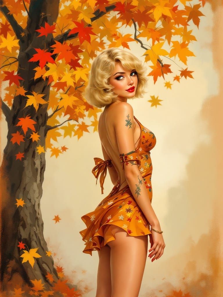 Vintage Pin-Up Woman in Autumn Leaves
